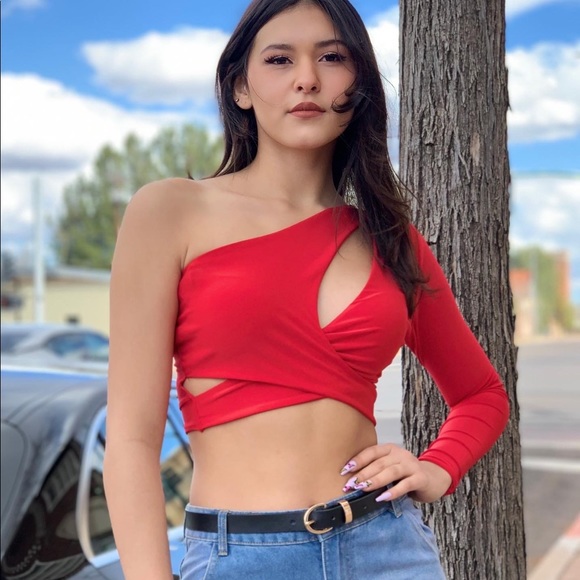 Red One Shoulder Wrap Crop Top NWT - Picture 5 of 10